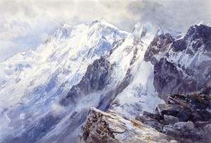 White mountain with frozen lake